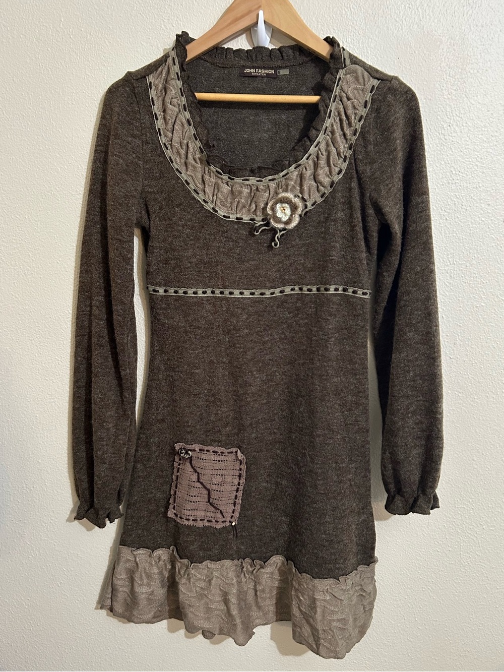 John Fashion Brown Long-Sleeve Knit Dress with Ruffle Trim Wool Blend Boho